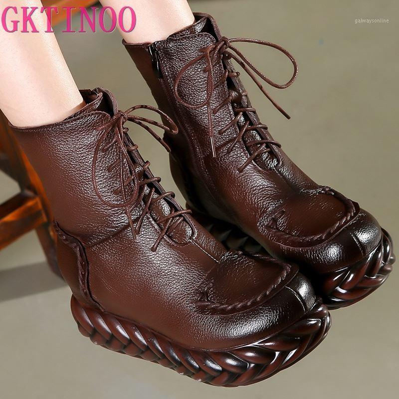 

GKTINOO New Vintage Mother Flat Genuine Leather Ankle Boot for Women Cowhide Lace-Up Winter Warm Shoes Woman Platform Snow Boots1, Black