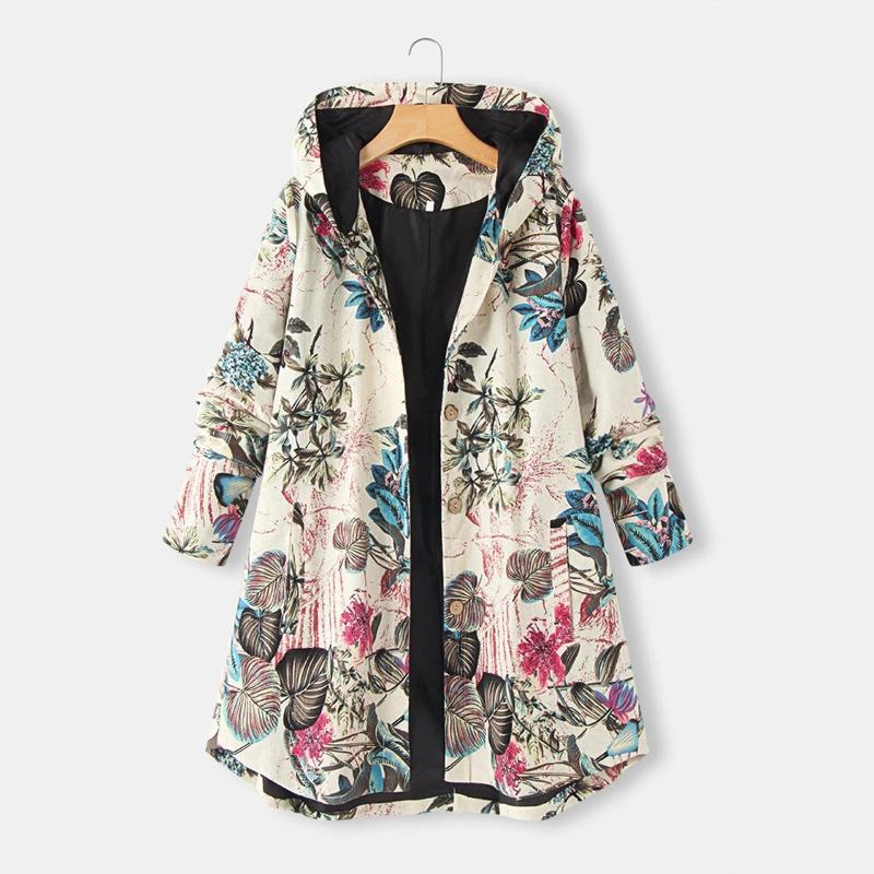 

Vintage Women Floral Printing Warm Coats Winter Fashion Female Splicing Button Hoodies Outwear Retro Cardigan Clothes, Beige