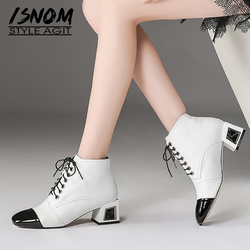 

ISNOM Unusual High Heel Women Ankle Boots Cross Tied Footwear Cow Leather Female Boot Fashion Shoes Woman 2020 Winter New White, Black dan li