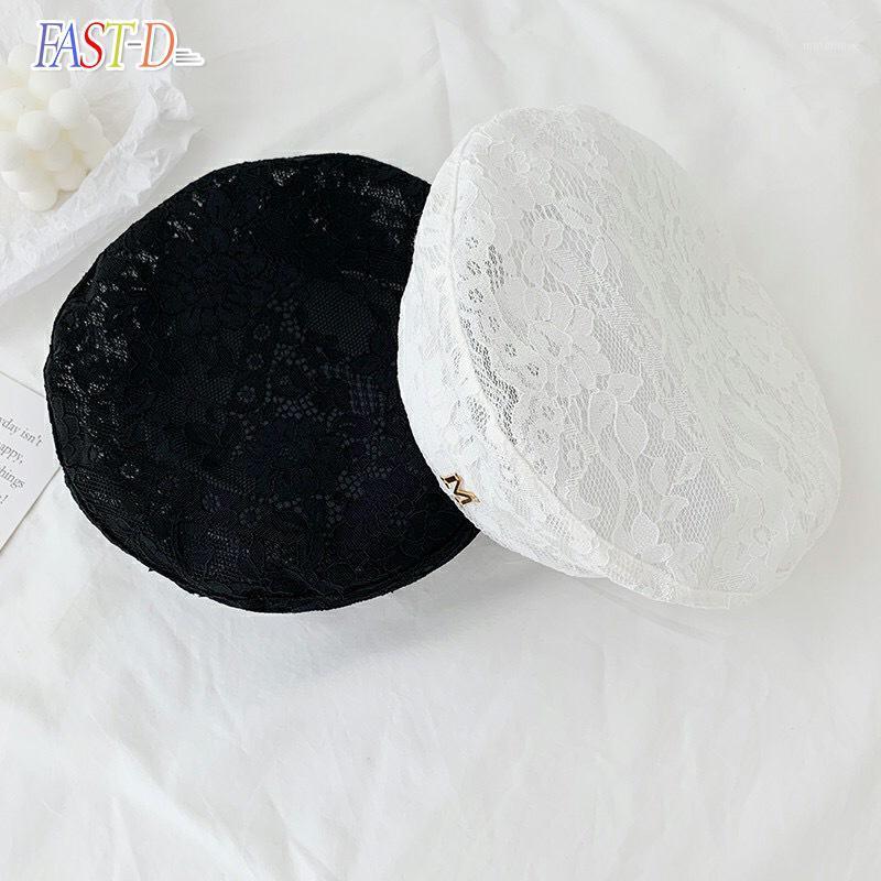 

2021 New M Embroidery Lace Beret Summer Thin Hat Female KPOP Tide All-match Painter Hat Outdoor Casual Beret1, White-1