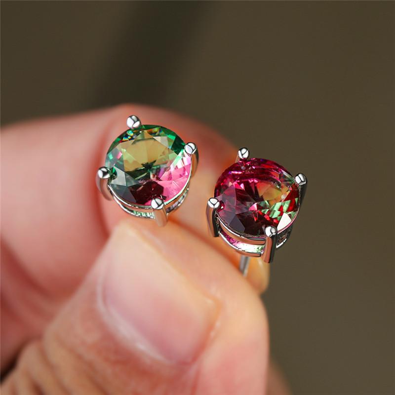 

Stud Luxury Female Round Crystal Stone Earring Silver Color Wedding Earrings For Women Charm Rainbow Spiral Small