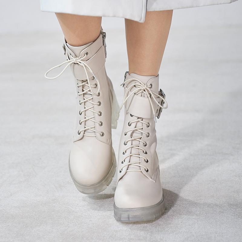 

MORDOAN Genuine Cowhide Boots Female High-Heeled Thick-Soled Retro British Style Lace-Up Ankle Boots Female Ankle, Black