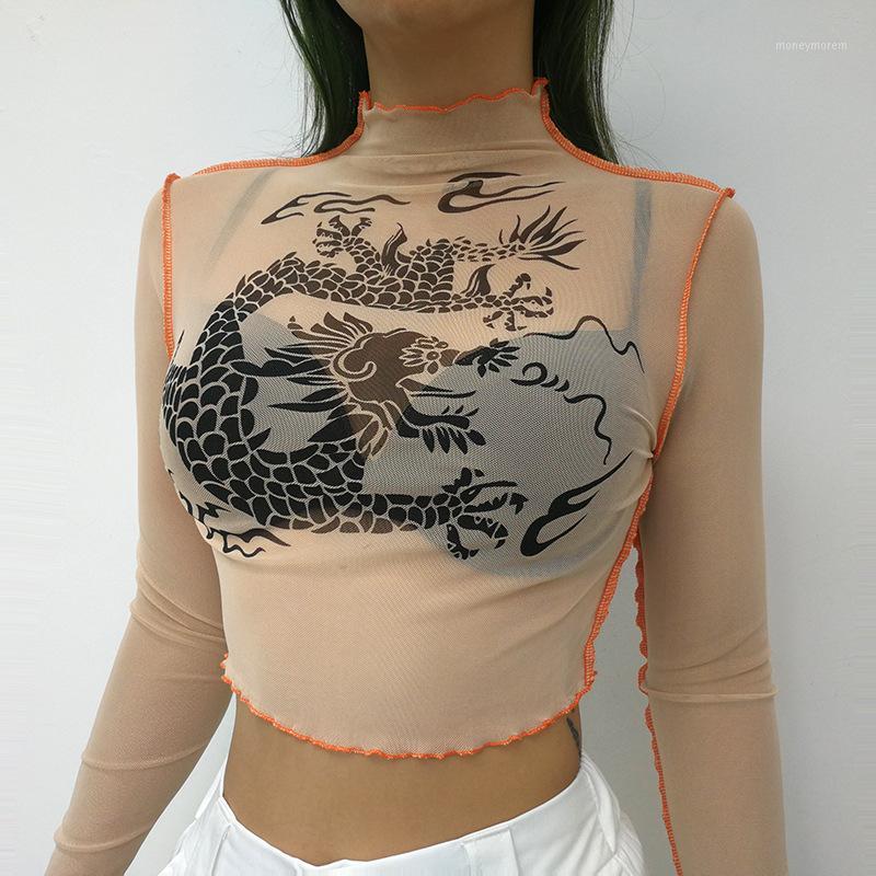 

Mesh Long Sleeve Crop Top Harajuku T Shirt Women Kawaii Dragon Graphic Tees Sexy See Through Turtleneck Autumn T shirt GRNSHTS1, Silver