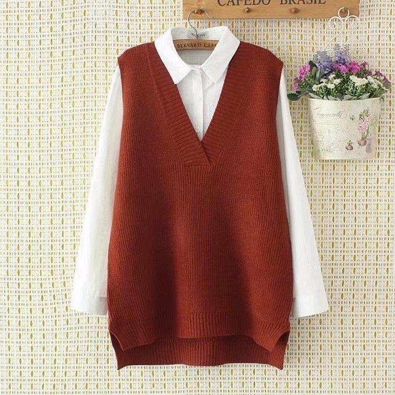 

Autumn Preppy Style Knitted Vest Sweaters Women Elegant V Neck Sleeveless Solid Color Long Pullovers Female All Match Loose Tops 201130, 01