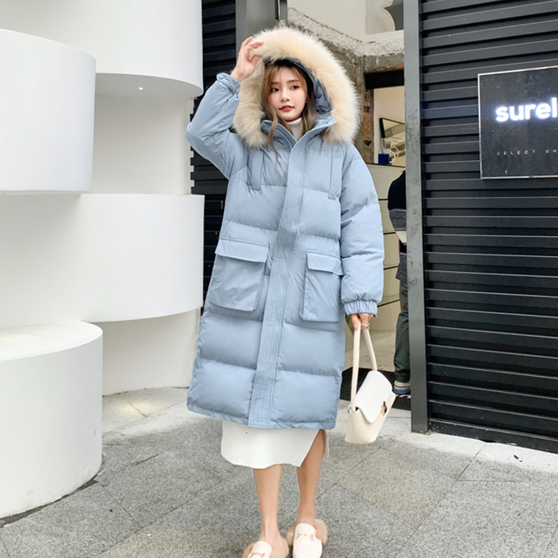 

2021 New Female Parka Natural-skin with Hood 90% White Down Warm Thick Coat Snow Black Jacket Outwear 1FEA, Sky blue.