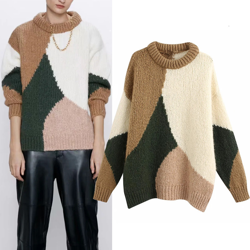 

2021 New Autumn Winter Patchwork Knitted Sweater Women o Neck Long Sleeve Harajuku Sweaters Ladies Fashion Loose Pullover Eh4j