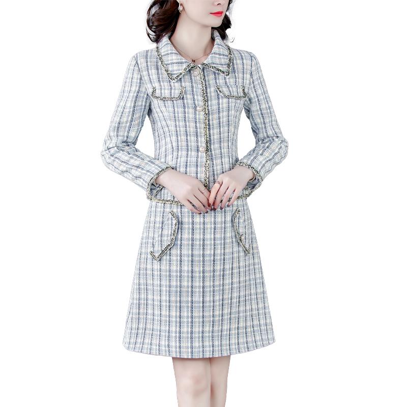 

New Winter Women Blazer Top A Line Skirt Blue Professional Lady Grid Suit Female Two-Piece Outfit Long Sleeve Vogue Fashion