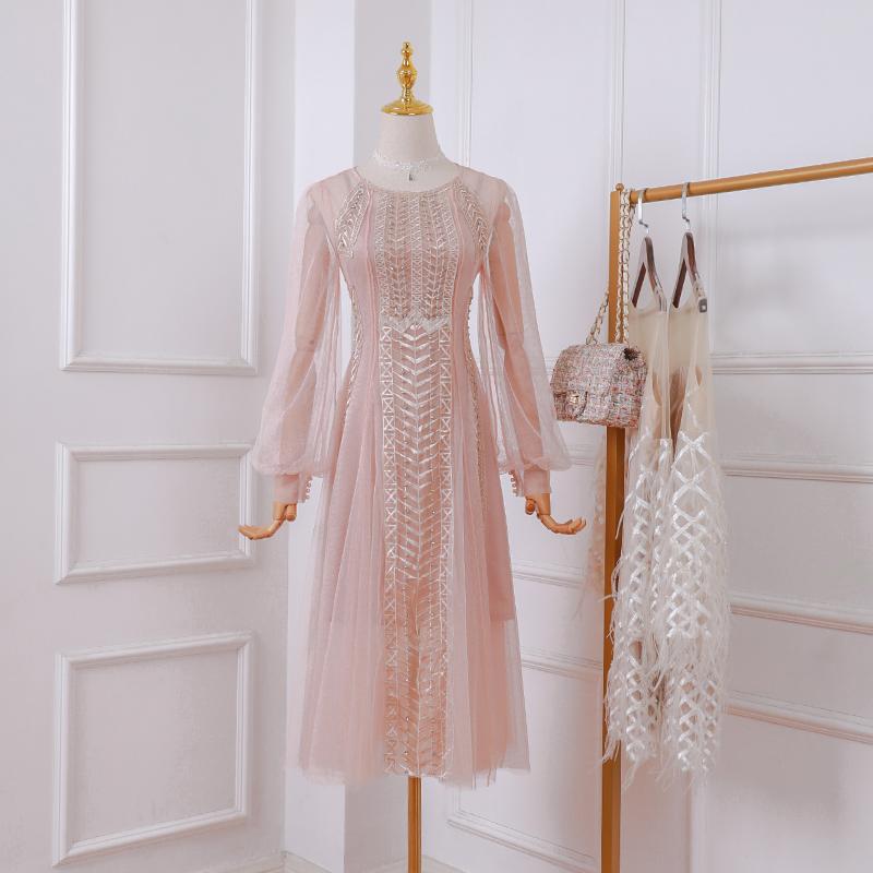 

Retro temperament mesh lace, beaded, diamond, waist and suspender dress, two-piece female 2020 autumn new 0916, Pink