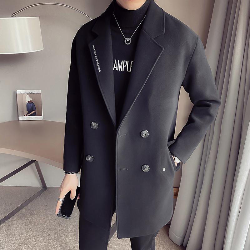 

Double-Breasted Woolen Coat Men Winter Windbreaker 2020 Casual Wild Long-Section Turn-Down Collar Solid Outdoor Black Jacket