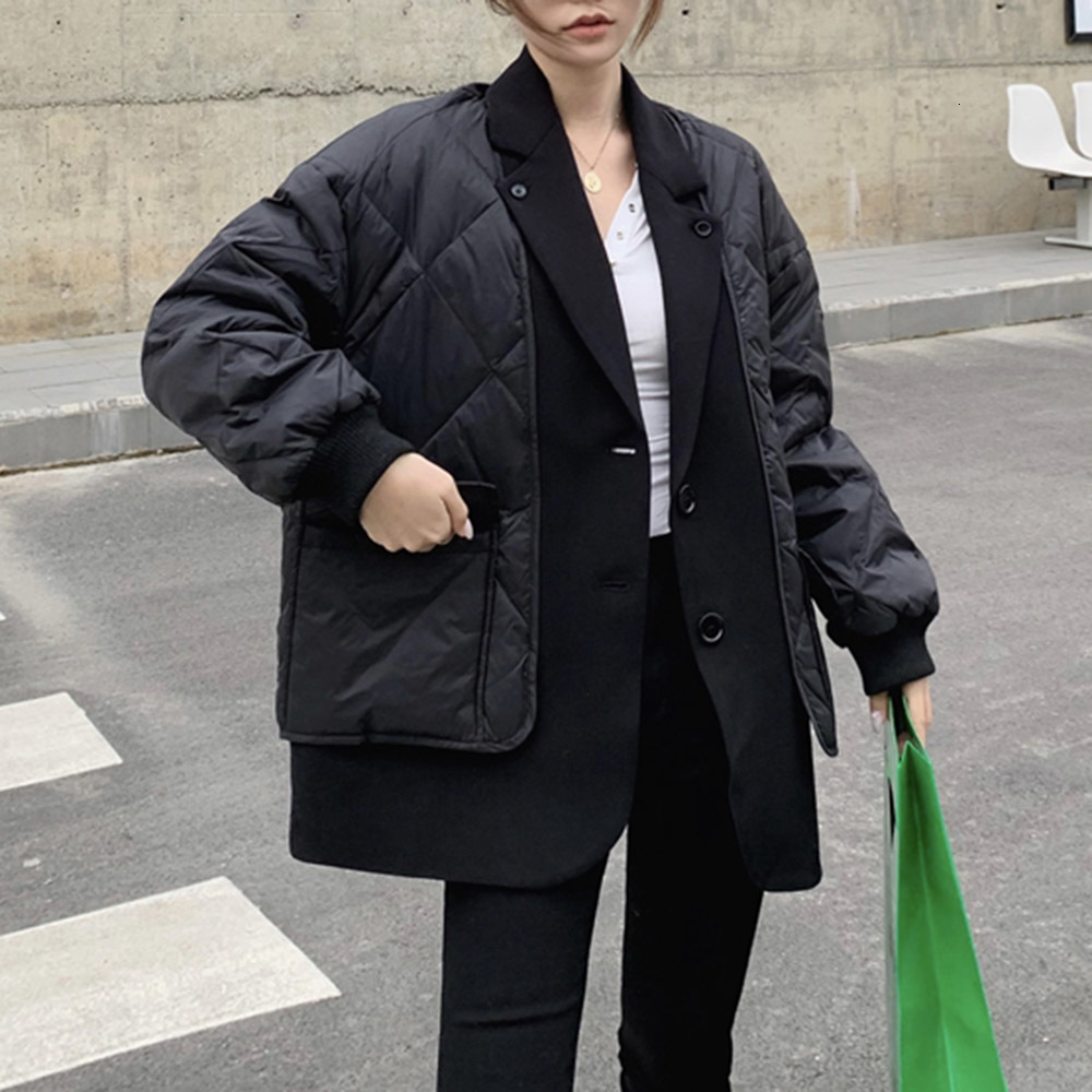 

2021 New Korean Version Cotton Padded Jacket Loose Fashion Splicing Lapel Autumn Winter Keep Warm Long Sleeve KC4E, Black