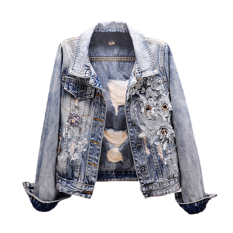 

2021 New Flower Patch Long Sleeve Chic Ripped Denim Jacket Top Quality Women Coat Chaqueta Mujer Vgux, Blue