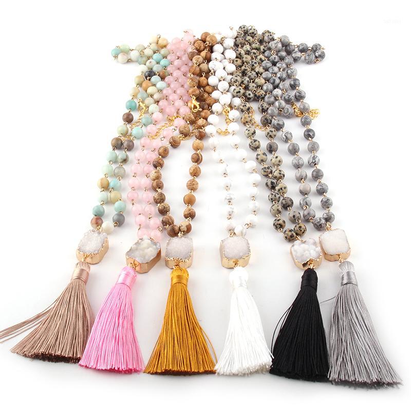

Fashion Bohemian Jewelry Stone Rosary Chain Square /Oval Druzy Link Long Tassel Necklaces Women Ethnic Necklace1