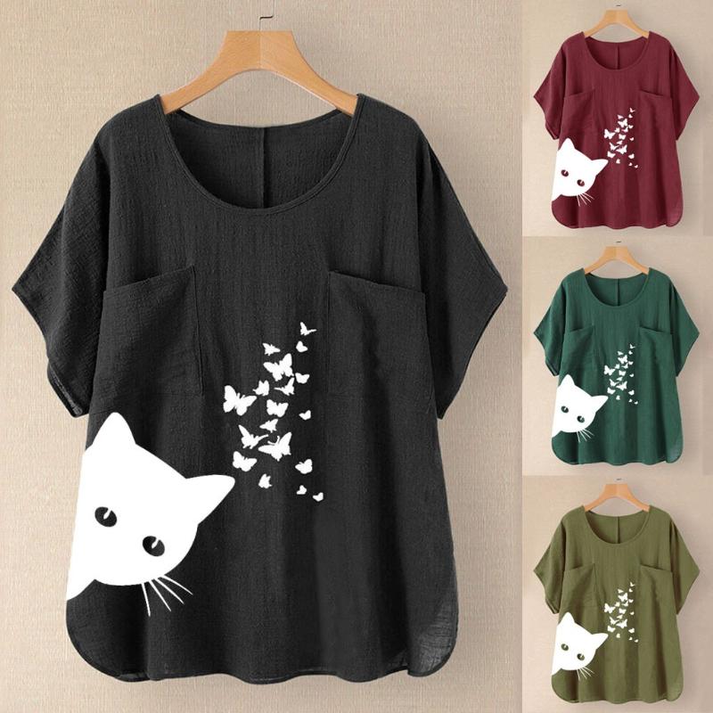

Women T shirt Cat Butterfly Print T-shirt cotton Pullover Casual Pocket Tops Famale Cartoon Print Harajuku Tee Shirts, Army green