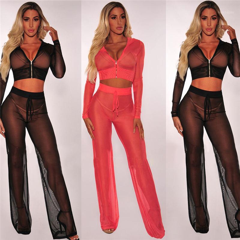 

Sexy Women Beach Cover Up See-through Outfit Hooded Long Sleeve Crop Tops Mesh Pants Playsuit Clubwear Bikini Cover Up 2pcs1