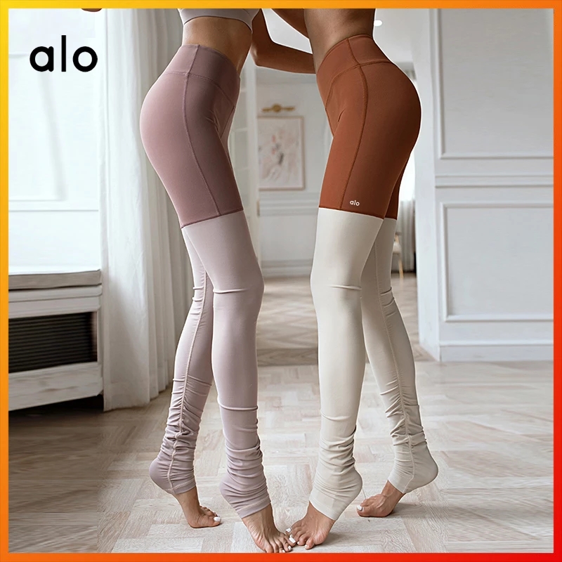 

ALO Yoga Women's Leggings Sexy Stitching Two-color Trousers Fitness Shaping Dance High Waist Stepped Bottom Yoga Pants 2006, Gray purple