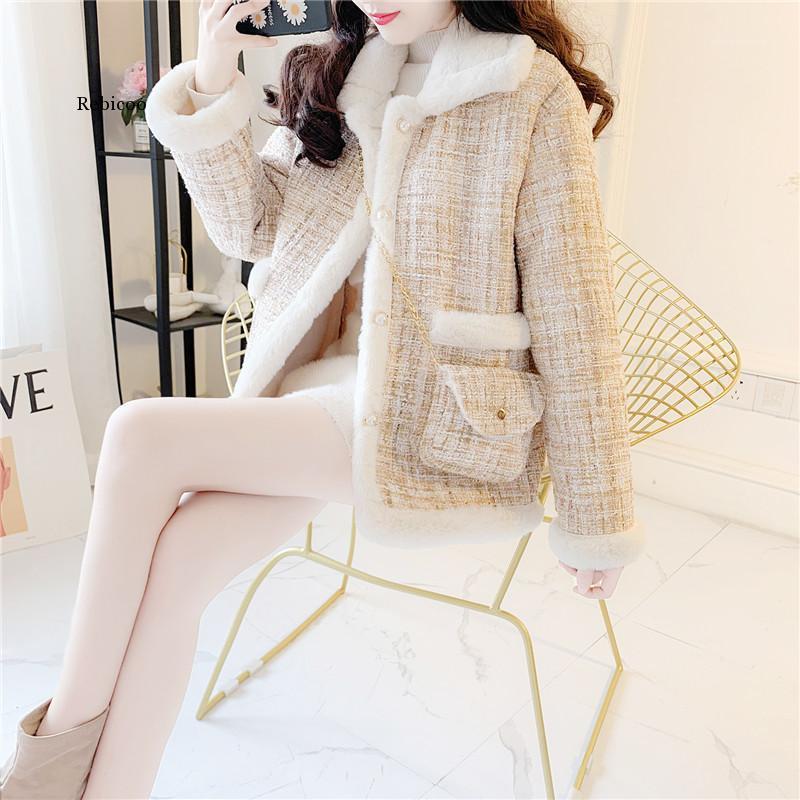 

Faux Fur Temperament Lovely Thick Tweed Stitching Lambswool Casual Single-Breasted Pocket Coats Female+Chain Bag1, Green
