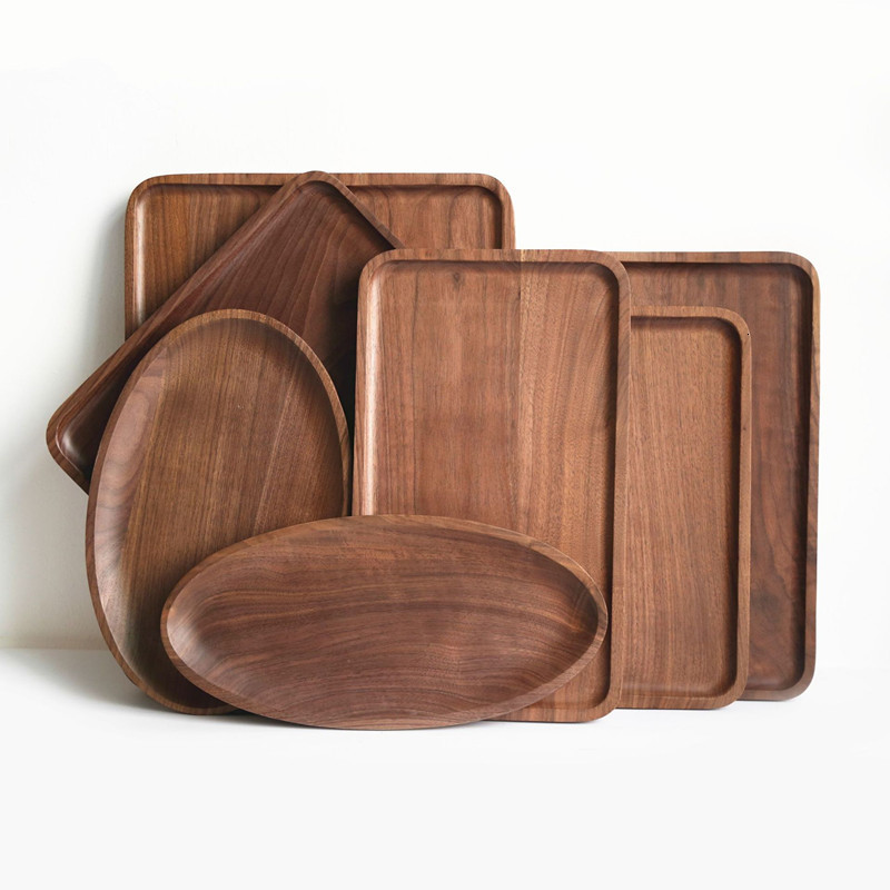 

2021 New Round Retangle Oval Shape Walnut Pan Plate Fruit Dishes Saucer Tea Tray Dessert Dinner Bread Wood Plates 650d