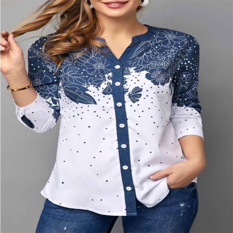 

Plus Size  5XL Shirt Blouse Female Autumn V-neck New Tops Single breasted Fashion Print Boho Office clothes Women shirt 201201, Style1
