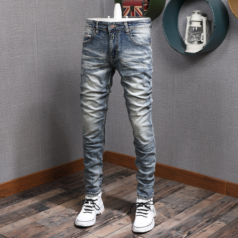 

2021 New Italian Style Fashion Men Jeans Retro Blue Elastic Slim Fit Ripped Cotton Denim Pants Streetwear Vintage Designer Long Trousers Ccc