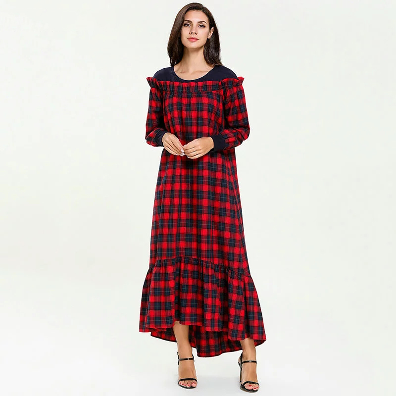 

Sweet Ladies Plaid Long Dress Elegant Ruffles Swing Patchwork Casual Women Dresses Asymmetry cut Fashion Muslim Clothes, Red
