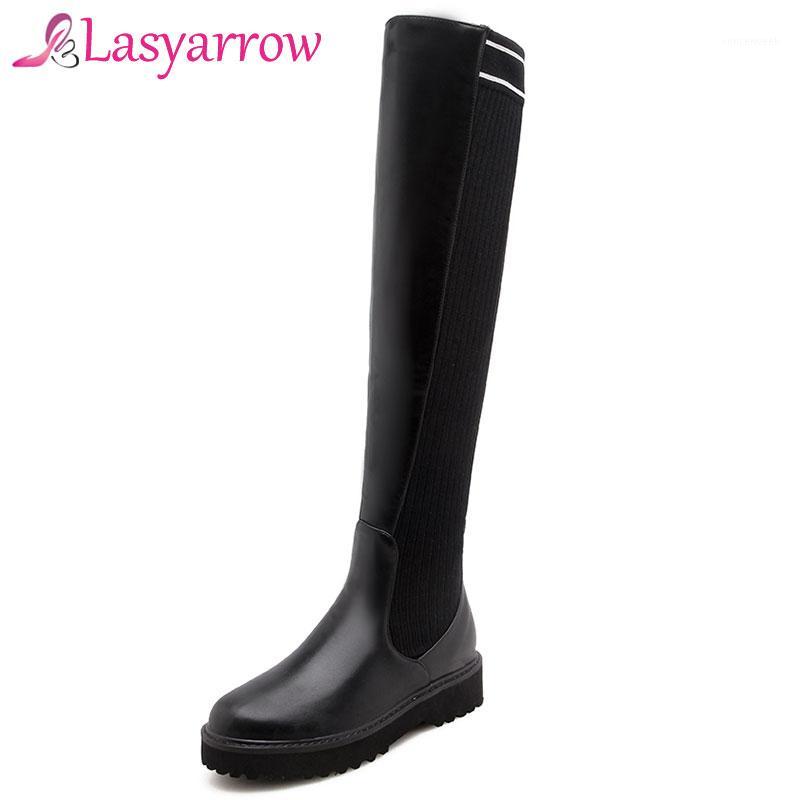 

Lasyarrow 2020 Slim Black Flat Knee High Boots Women Thigh High Stretch Boots Low Heel Platform Fashion Shoes Sock1