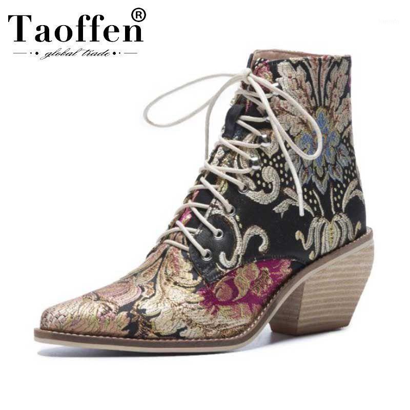 

Taoffen Women Pointed Toe Chunky Heels Ankle Boots Cross Strap Flower High Quality Short Boots Winter Shoes Footwear Size 34-431, Red