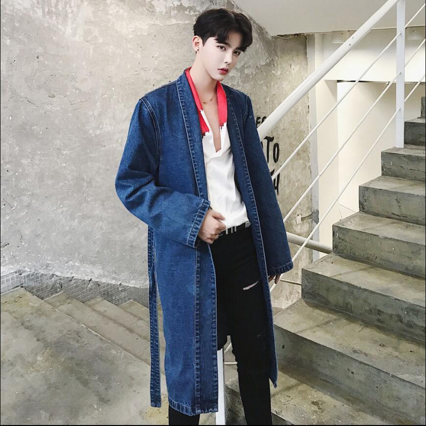 

2020 Cowboy Japanese Guy Loose on His Knee Super Spring and Fall Denim Singing Jacket Long Coat Udmb, Blue