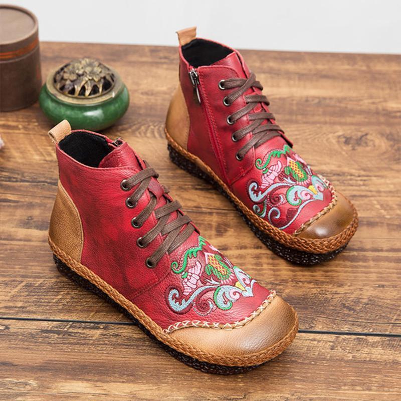 

Retro short boots women 2020 new embroidery fashion short boots women winter warm round head lace-up non-slip women's1, Plus velvet inside