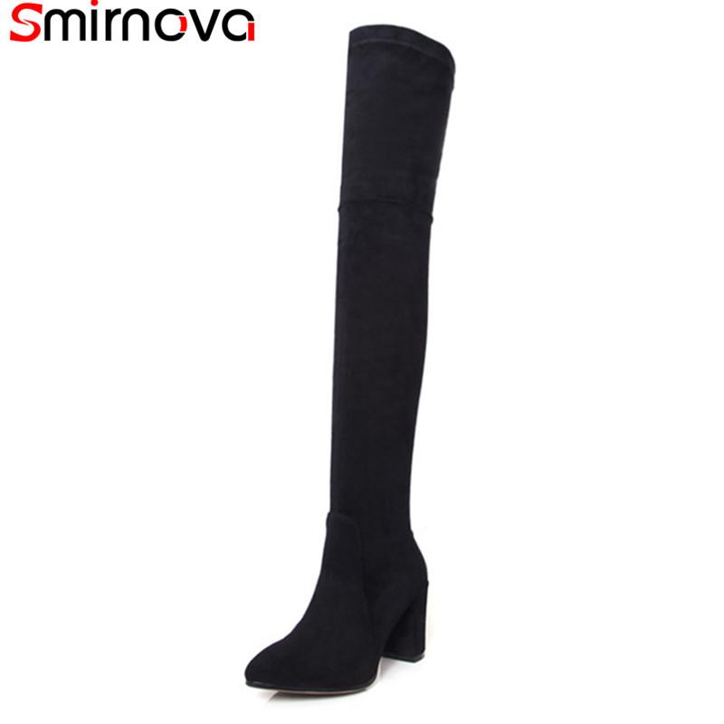 

Smirnova 2020 NEW fashion pointed toe over-the-knee with zippper flock boots women square high heels women winter boots, Black
