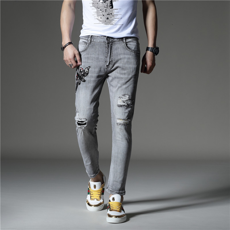 

2021 for Men Skinny Brim Embroidered Elastic Pants Cotton Hip Will Summer Blue Spring 7OQJ, Games