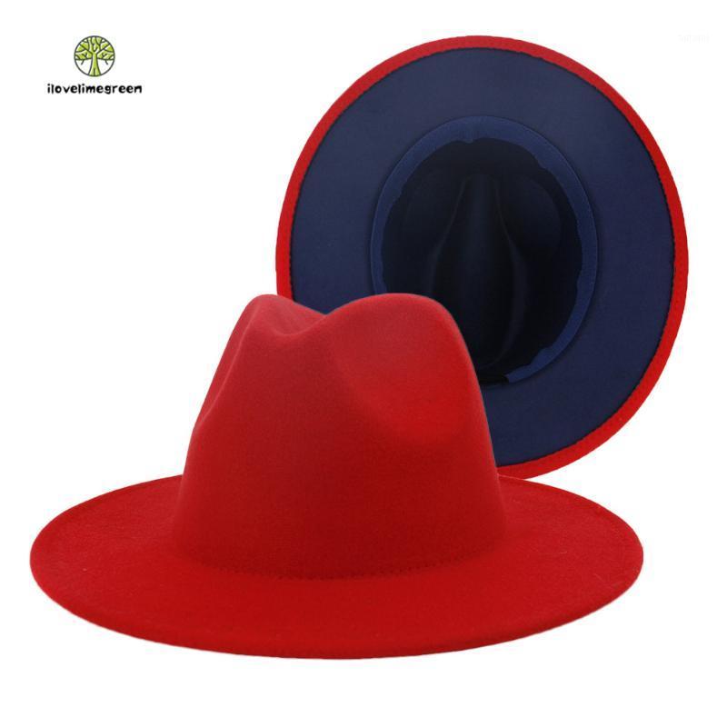 

New Fashion Patchwork Red Navy Blue Woolen Felt Fedora Hat Women Men Fall Cowboy Jazz Panama Hat Wide Brim Caps1, Red and navy blue