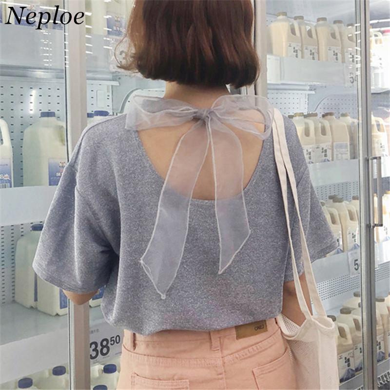 

Neploe 2020 Summer New Fashion Women O-Neck Solid T-Shirt Short Sleeve Casual Lacing Bow Loose Backless Tops Women 67577, Black t shirt