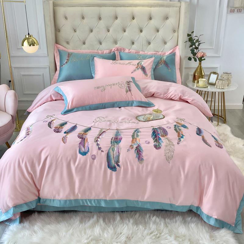 

New Pink Nordic Style Feather Embroidery Bedding Set Satin Silk Duvet Bed Cotton Linen Cover Textile Home Set Double Pillowcases