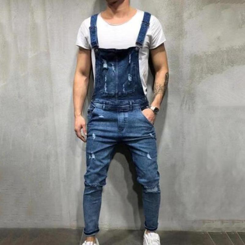 

Work clothes jeans ruffled holes buttons fashion wear-resistant ripped holes men' denim jeans men ripped casual jumpsuits, Black