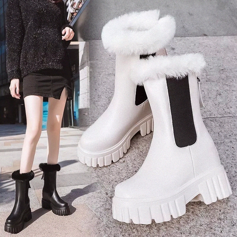 

Inner Increase Women's Boots Wedge Heel Boots Warm Plus Velvet Mid-tube 2020 Autumn New Leather Winter Shoes #b842, Black