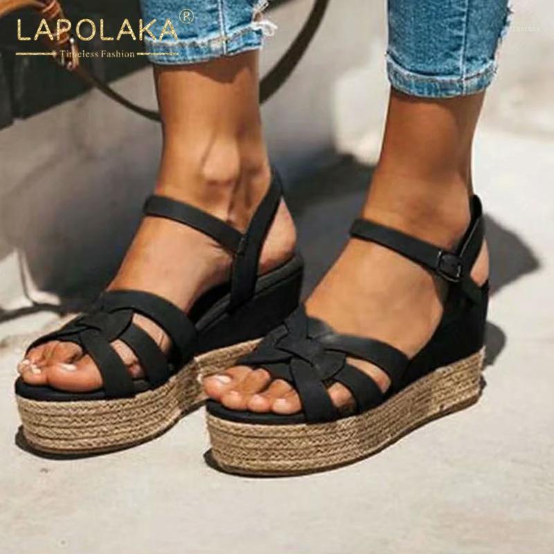 

Lapolaka New Arrivals 2020 Wedge Heels Concise Sandals Women Shoes Buckle Strap Platform Wholesale Summer Shoes Woman Sandals1, Black