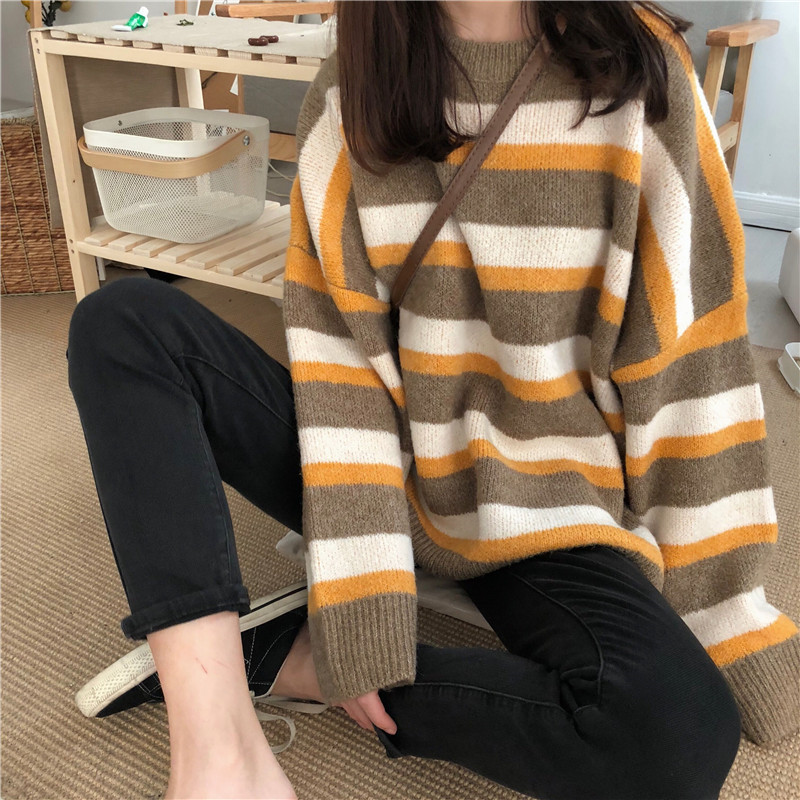 

2021 New Winter Autumn Faerie Jersey Backdoor Feminine Striped Pullovers Oversized Long-sleeved Knit Tops 87HN, Blue