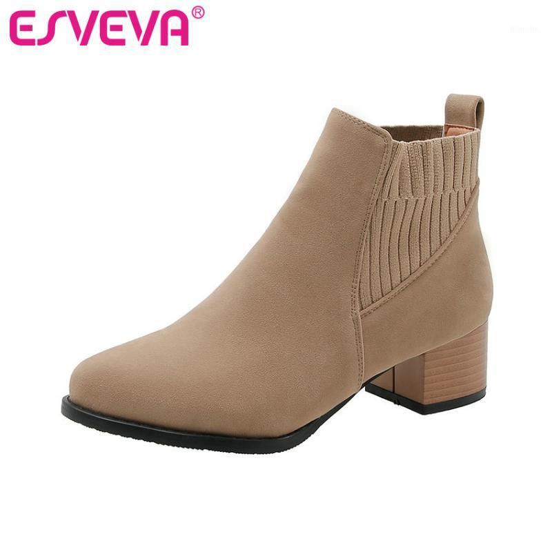 

ESVEVA 2020 Women Shoes Ankle Boots Round Toe Sexy Western Style Suede Zipper Med Heel Motorcycle Platform Boot Size 34-431, Black