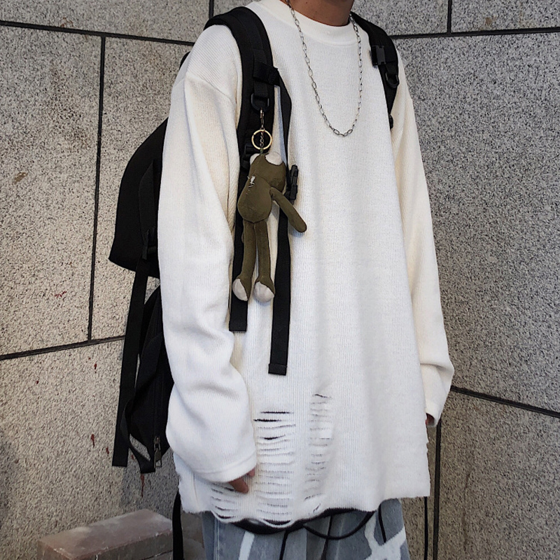 

2021 Autumn White Gray Men Torn Hole Irregular Pullover Sweater Big Size Women Sweter Hip Hop Hombre Shirt From Vintage Gp25