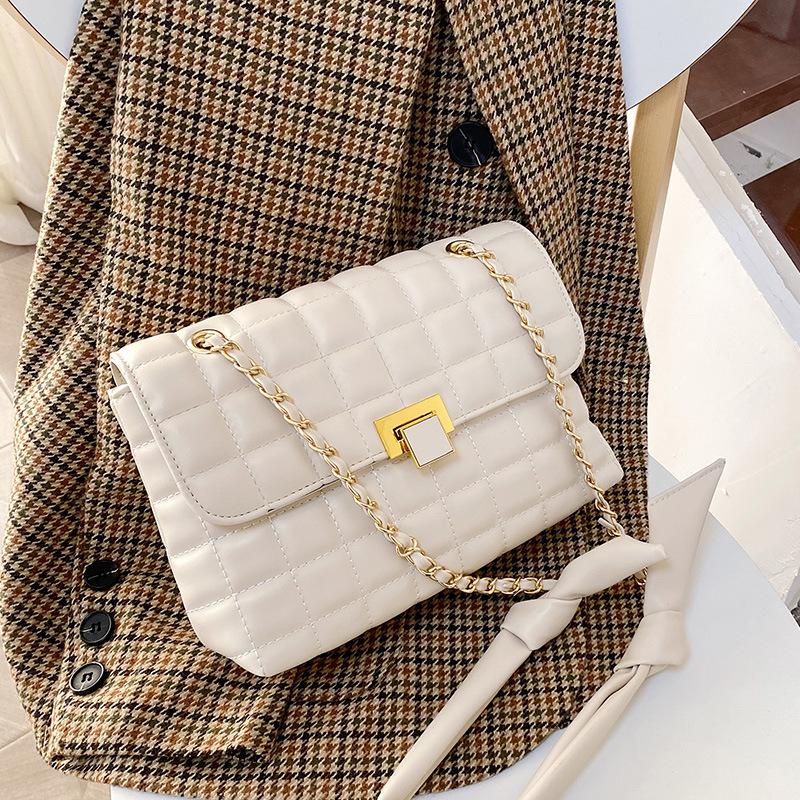 

Textured Women's Small Bags 2021 Spring New Trendy Texture Chain Shoulder Messenger Bag Plaid Personalized Small Square Bag, White.