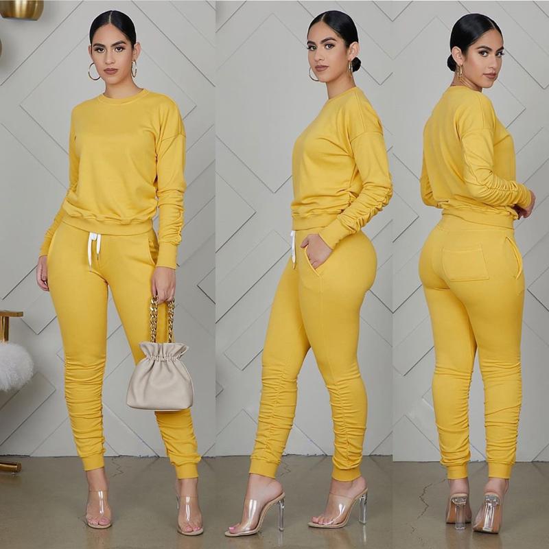 

Spring and Autumn Women Casual Set Long Sleeve Round Neck Pullover + Pants Two-piece Suit Fashion Pleated Solid Color Lady Suits, 02