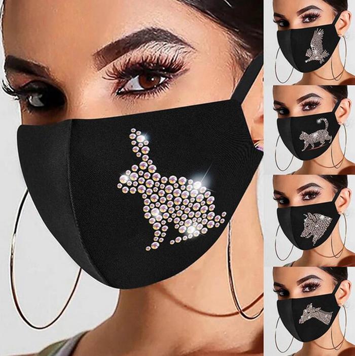 

Sparkle Animal Rhinestone Face Mask Glitter Crystal Wolf Eagle Rabbit Butterfly Elephant Pattern Face Cover Reusable Washable Dustproof Mask