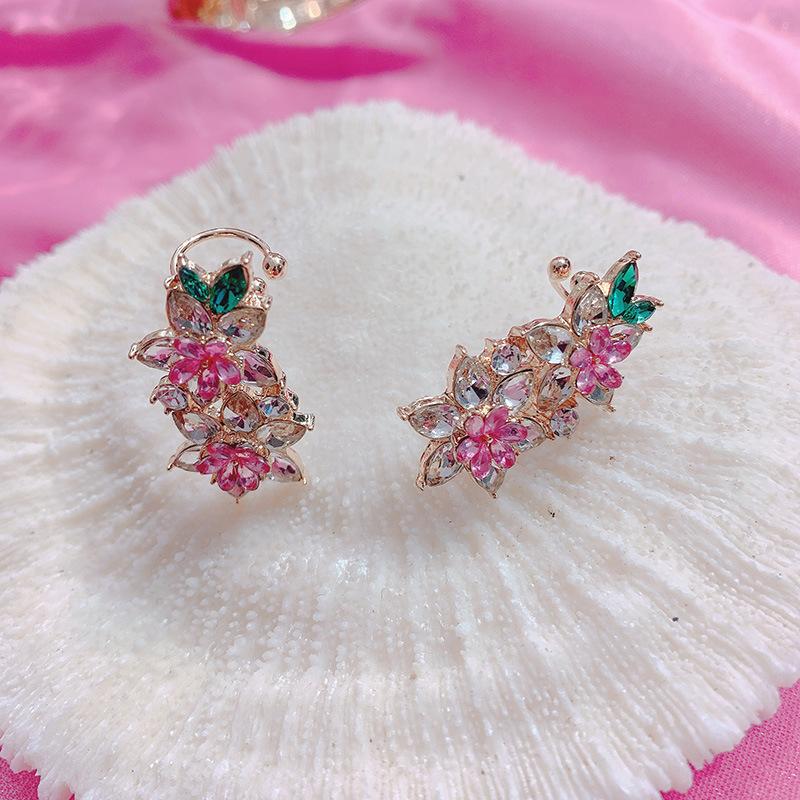 

Korean New Fashion Elegant Pink Flower Crystal Holiday Stud Earrings For Women Girls Oorbellen Bijoux Party Gifts