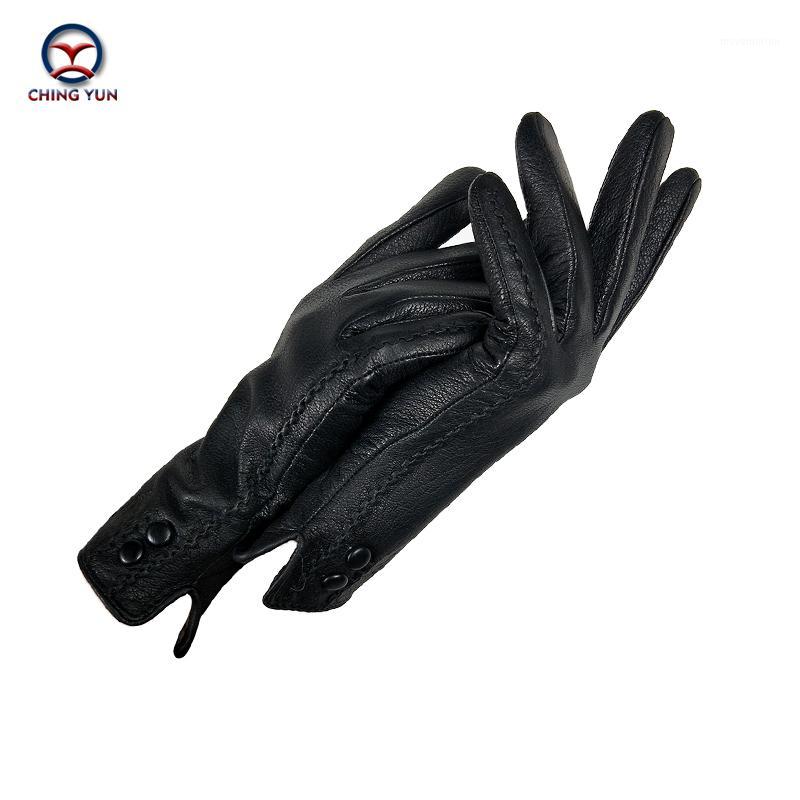 

CHING YUN 2020 New Women's Gloves Winter Genuine Leather Buckskin Woman 70% wool knit lining Female Side button fashion Mittens1