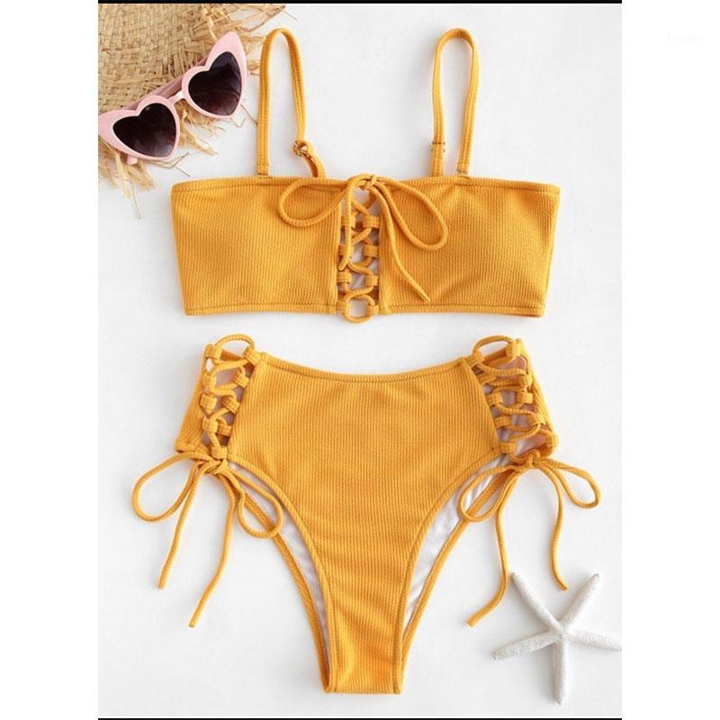 

Swimwear Women High Waisted Bathing Suits Bikini Ladies Split Yellow Rope Swimsuit1