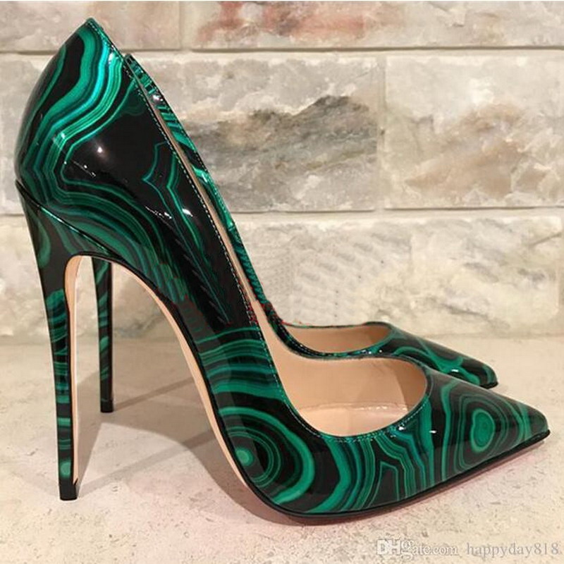 

fashion women pumps Green Black Malachite Patent High Heels shoes boots Shiny Leather 120mm Graffiti genuine leather Women Dress Shoes box, Heel 12cm