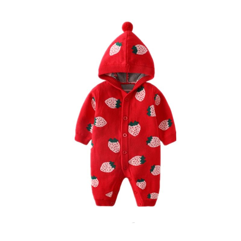 

Lovely Strawberry Baby Costume Long Sleeve Thick Autumn Winter Clothes Baby Girl Hooded Sweaters Coat Front Button Open Rompers, Pink