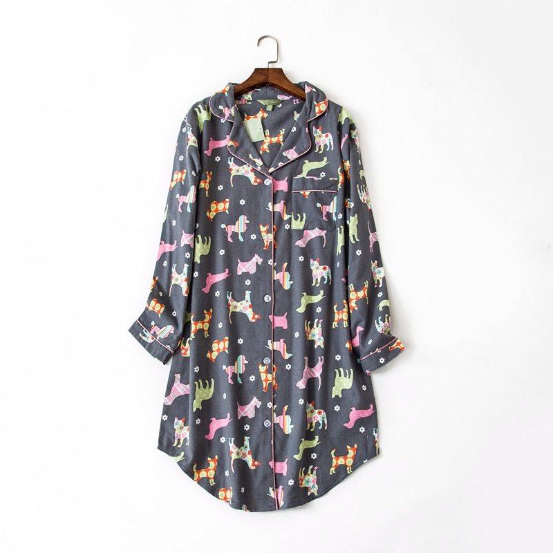

2020 Spring Female Casual cartoon nightydress Ladies 100% Brushed Cotton Nightgown Women Turn-down collar Cardigan sleepshirt XL, Blue