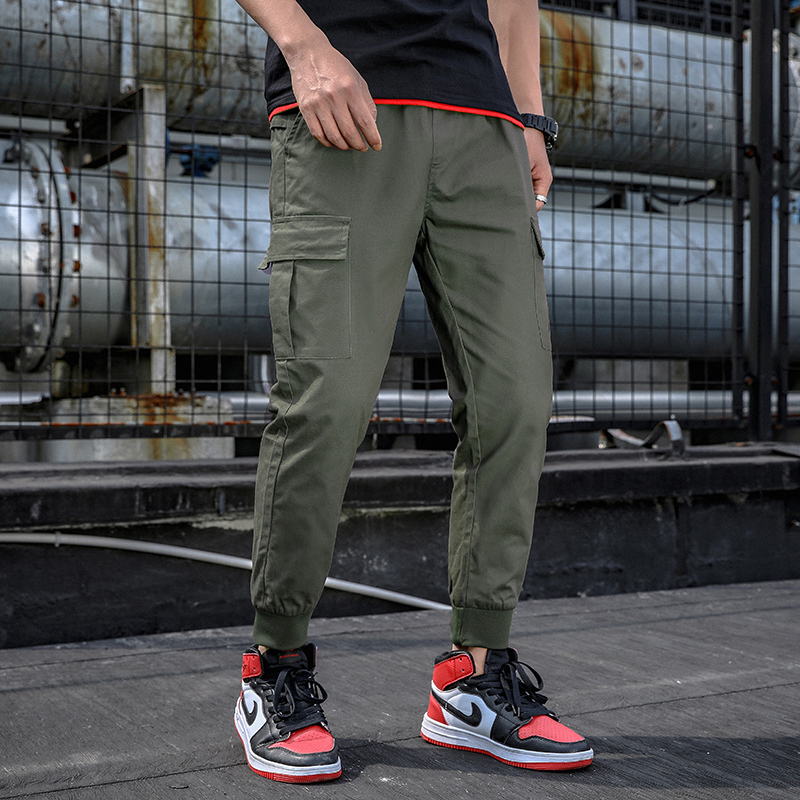 

2021 New Men's Multi-pocket Harem Hip Pop Streetwear Sweatpants Cargo Male Pants K169 PVK7, Black