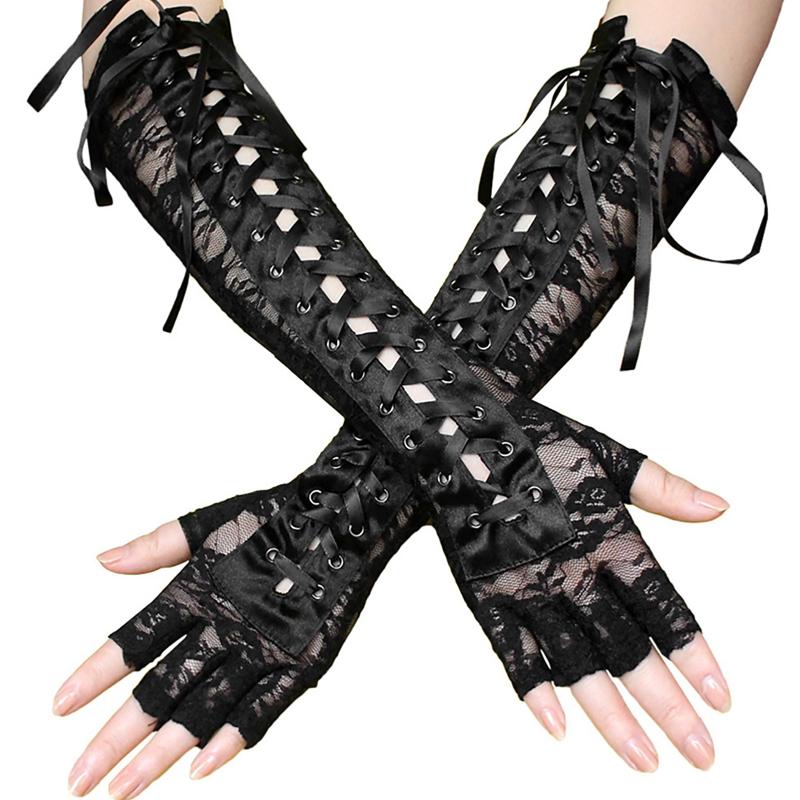 

1pair Women Adjustable Anti UV Fingerless Gloves Summer For Wedding Arm Warmer Elegant Lace Up Long Elbow Costume Party Portable